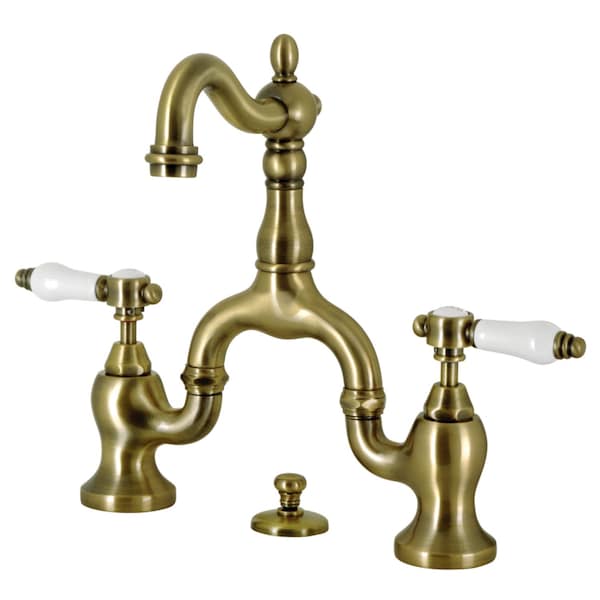 Bridge Bathroom Faucet with Brass PopUp, Antique Brass